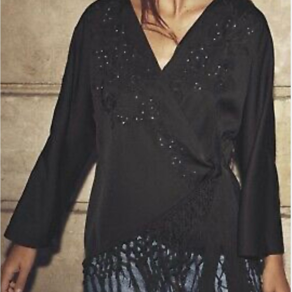 Zara Elegant Black Wrap Top with Fringe Detail
